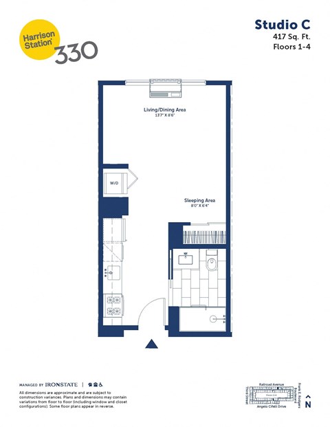 Floor plan for studio, 1 bath, 417 sqft